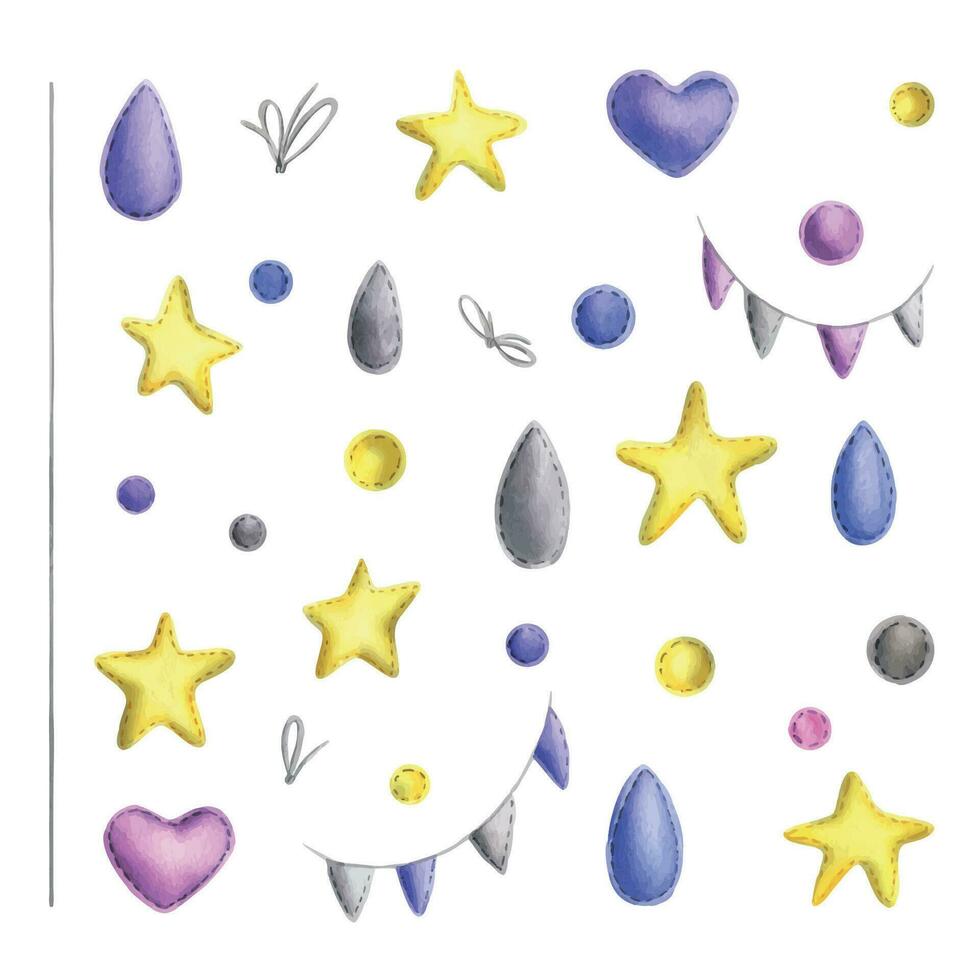 A set of decorative elements stitched with thread for hanging stars, beads, droplets, hearts, garlands flags, rope and bows. Hand drawn watercolor illustration. Isolated objects on white background vector