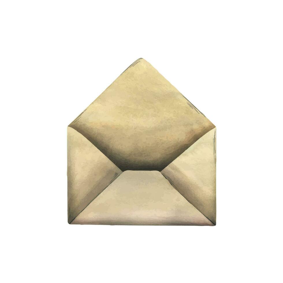Craft brown, old, open envelope for letters and mail. Hand drawn watercolor illustration. Isolated object on a white background. vector