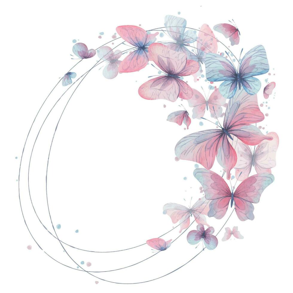 Butterflies are pink, blue, lilac, flying, delicate with wings and splashes of paint. Hand drawn watercolor illustration. Oval wreath, frame, template on a white background, for design. vector