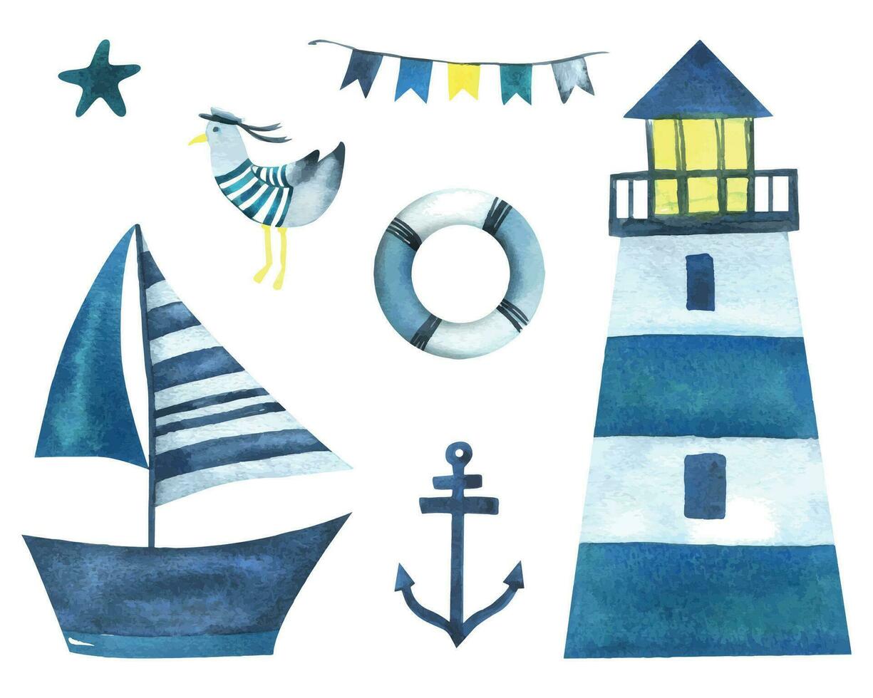 Sea boat, lighthouse, anchor, seagulls, lifebuoy and garland flags. Watercolor illustration hand drawn in an abstract childish style. Set of isolated elements on a white background vector