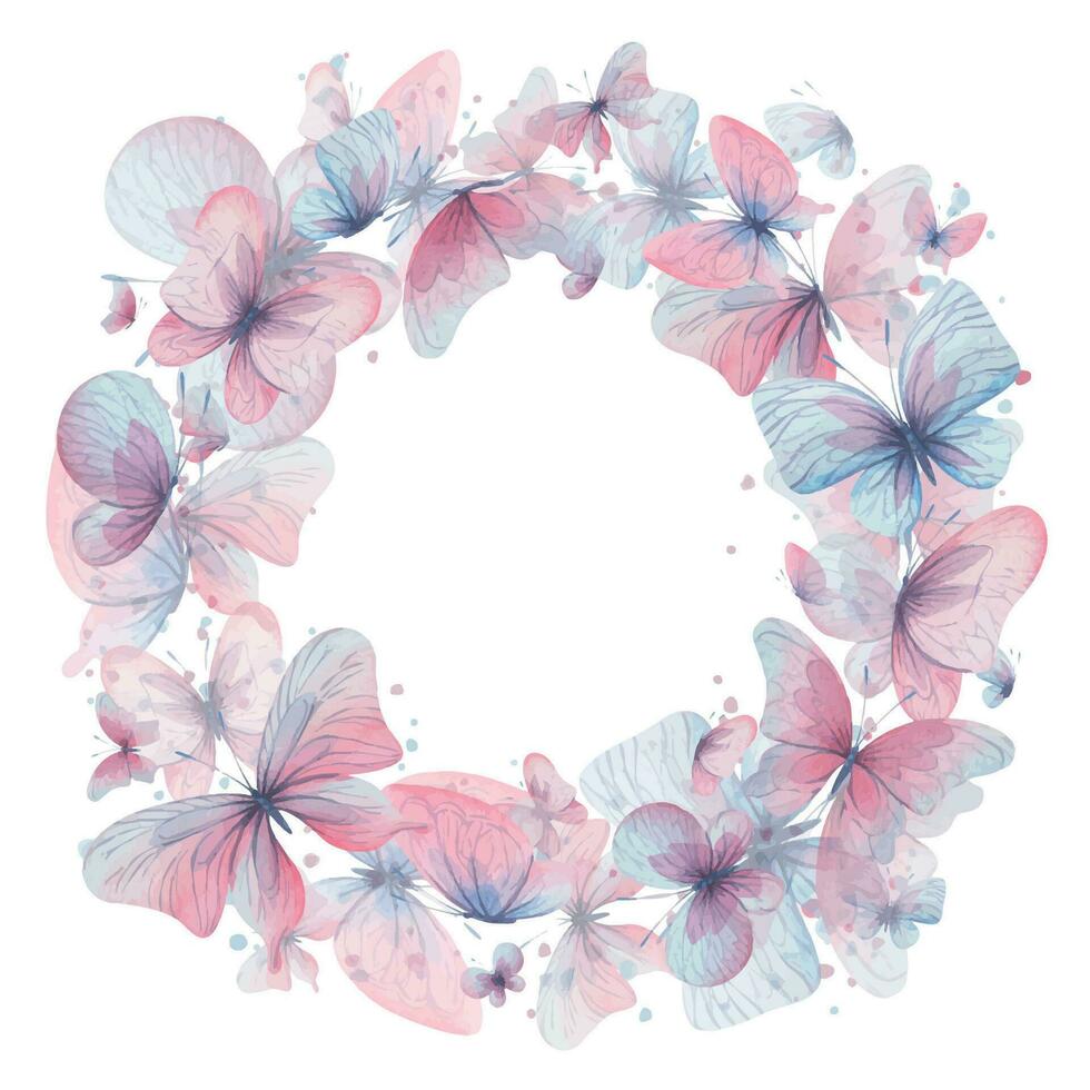 Butterflies are pink, blue, lilac, flying, delicate with wings and splashes of paint. Hand drawn watercolor illustration. Circle wreath, frame, template on a white background, for design. vector