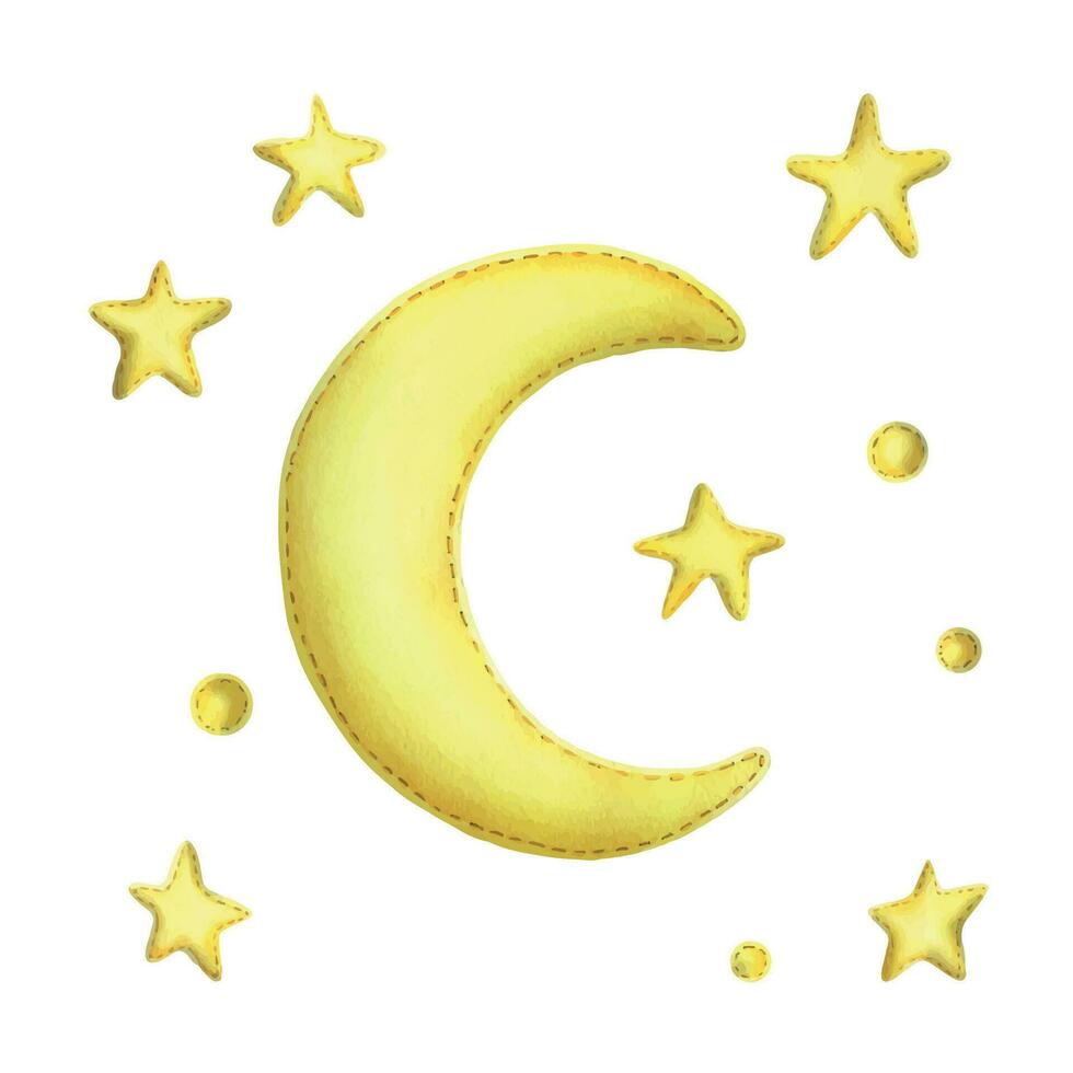 Yellow half moon with stars from fabric with thread stitches. Watercolor illustration, hand drawn. Set of isolated elements on a white background. vector