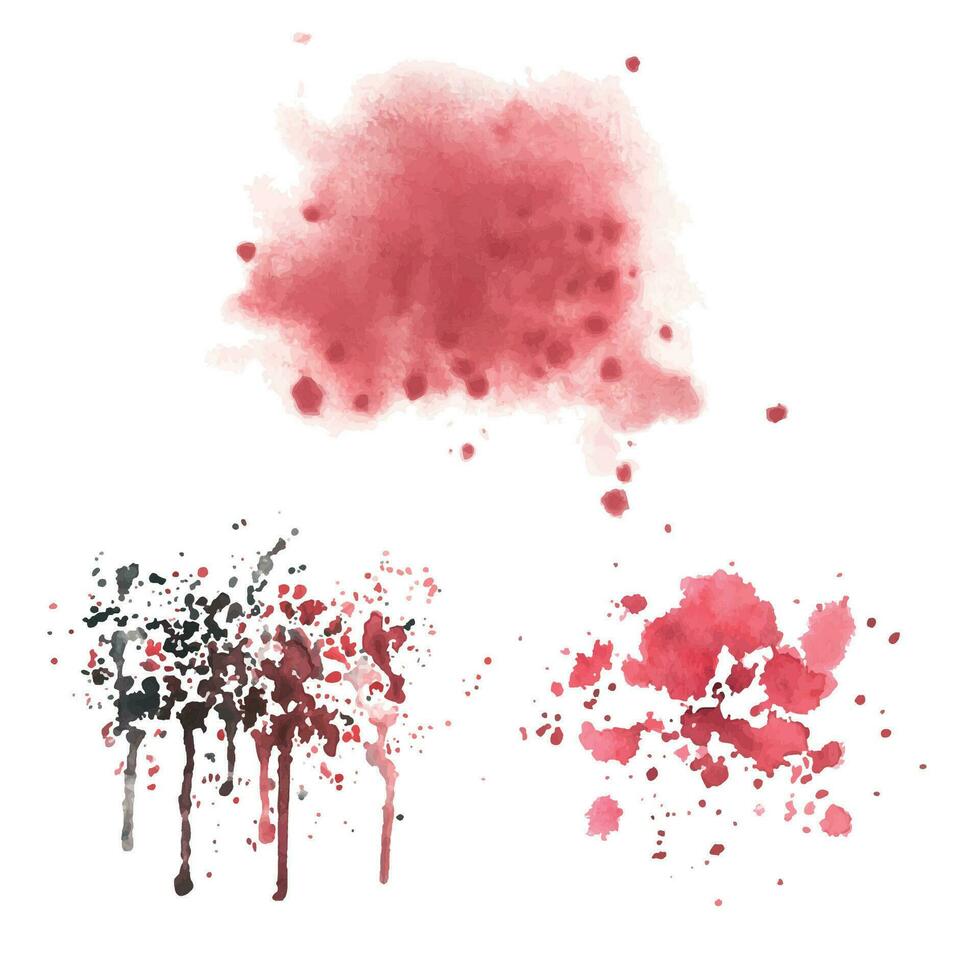 Red, burgundy, black spots, splashes, smudges of watercolor paint drawn by hand. Set of isolated elements on a white background vector