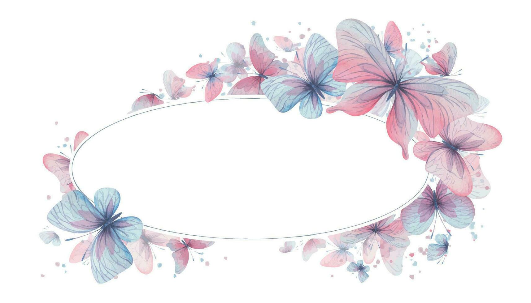 Butterflies are pink, blue, lilac, flying, delicate with wings and splashes of paint. Hand drawn watercolor illustration. Oval wreath, frame, template on a white background, for design vector