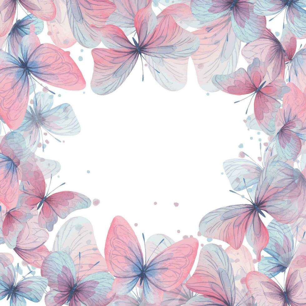 Butterflies are pink, blue, lilac, flying, delicate with wings and splashes of paint. Hand drawn watercolor illustration. Square frame, template on a white background, for design. vector