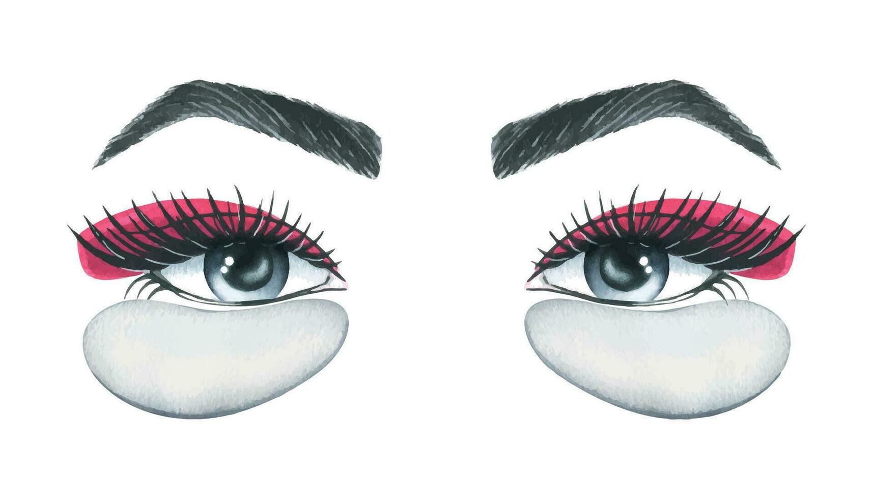 Women's eyes with eyebrows, with pink makeup, with patches. Watercolor illustration, hand drawn. Isolated composition on a white background vector
