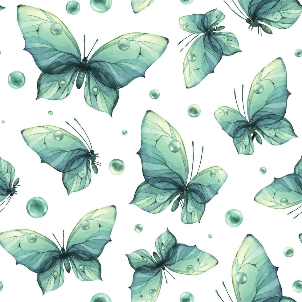 Delicate turquoise and blue butterflies with bubbles are airy, light, beautiful. Hand drawn watercolor illustration. Seamless pattern on a white background for fabric, textiles, wallpaper, packaging. vector