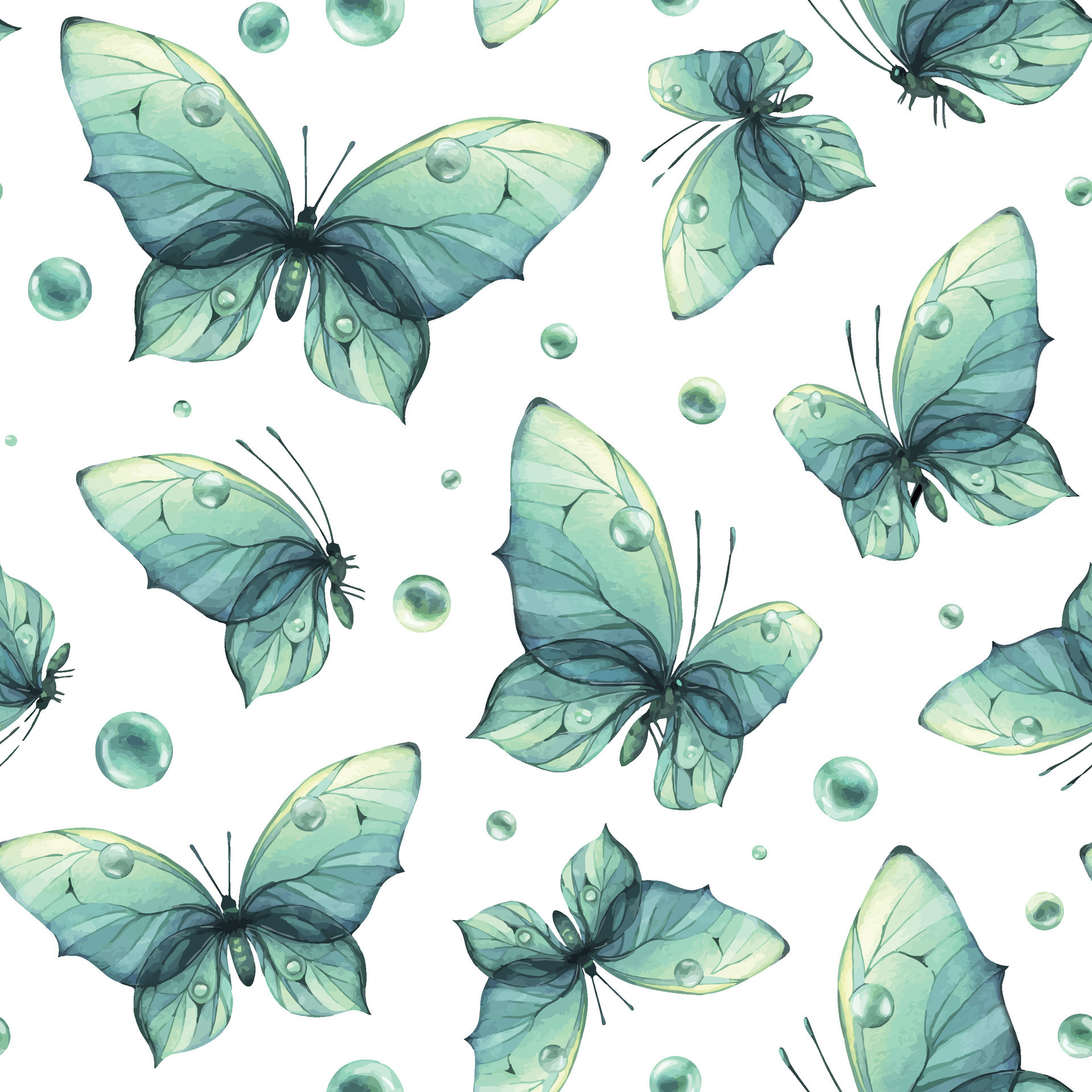 Delicate turquoise and blue butterflies with bubbles are airy, light