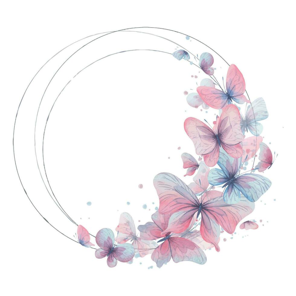 Butterflies are pink, blue, lilac, flying, delicate with wings and splashes of paint. Hand drawn watercolor illustration. Circle wreath, frame, template on a white background, for design. vector
