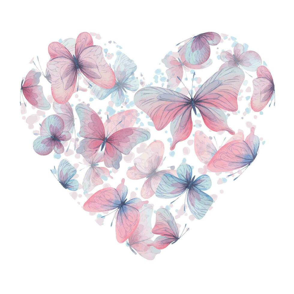 Butterflies are pink, blue, lilac, flying, delicate with wings and splashes of paint. Hand drawn watercolor illustration. Composition in the shape of a heart on a white background, for design. vector