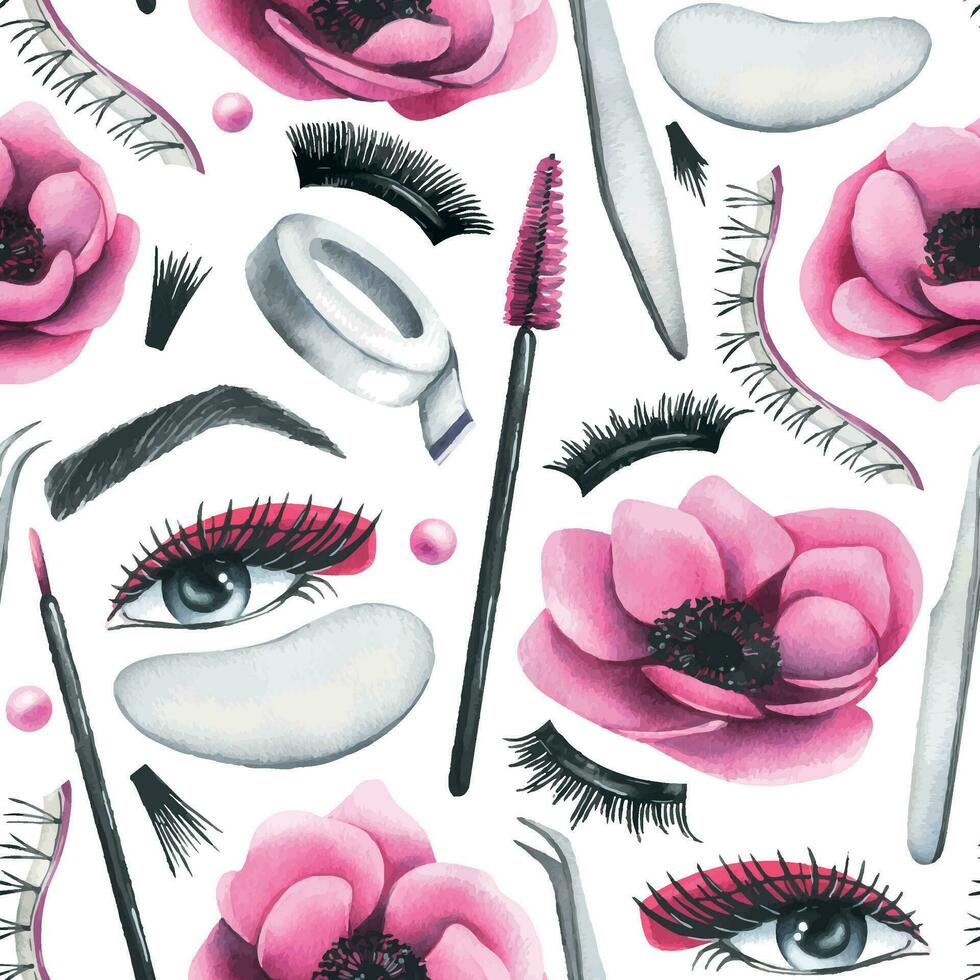 False eyelashes for extensions, tweezers, women s eyes, patches and flowers. Hand drawn watercolor illustration. Seamless pattern on a white background vector
