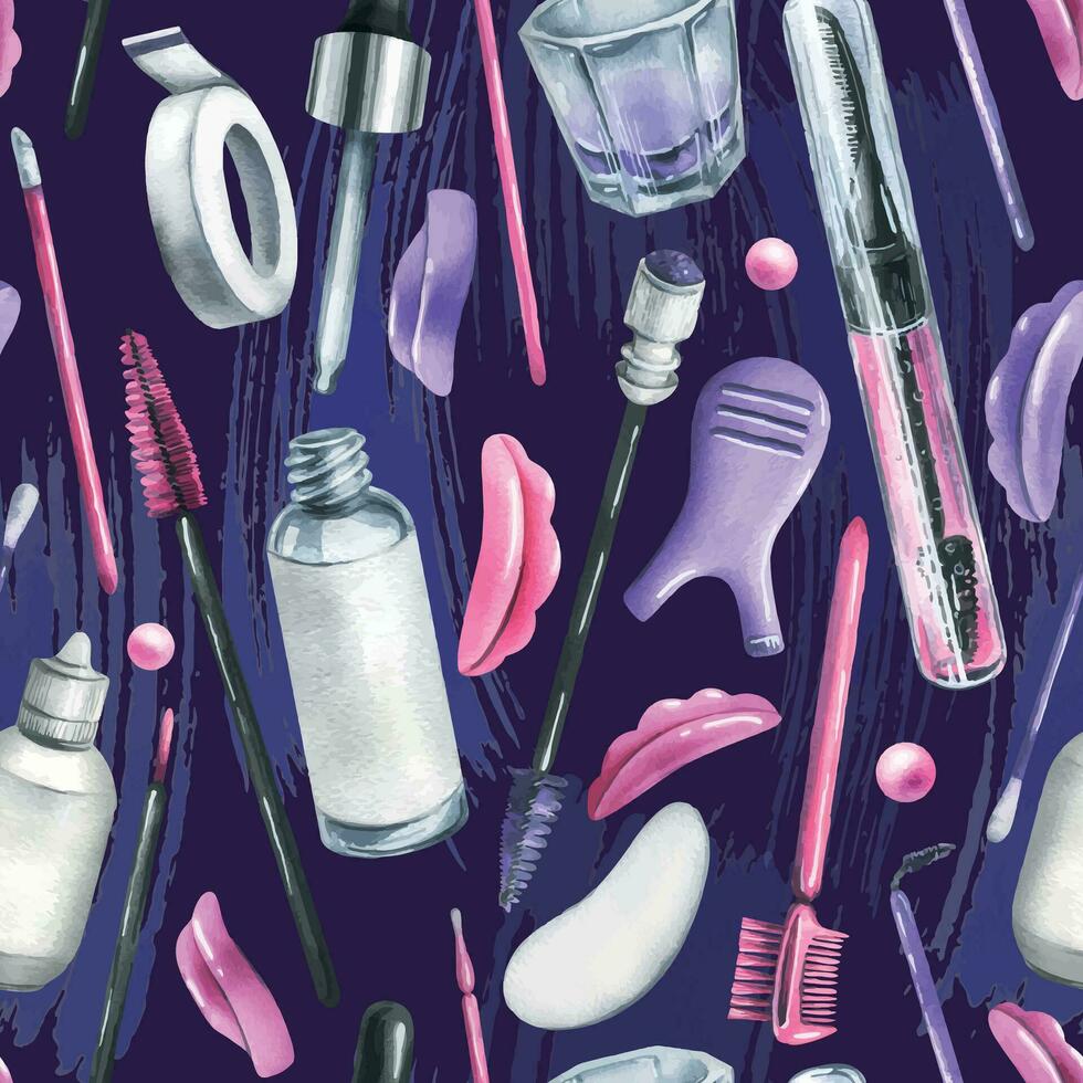 Tools and cosmetics for the master of eyelash and eyebrow extension and lamination. Watercolor illustration, hand drawn. Seamless pattern on a dark background. For packaging, branding, fabrics. vector
