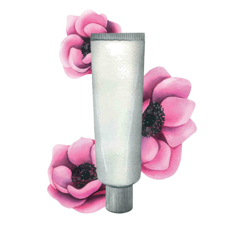 Personal care cosmetics in tube with anemone flowers. Hand drawn watercolor illustration. Isolated composition on a white background for the beauty industry, advertising and design. vector