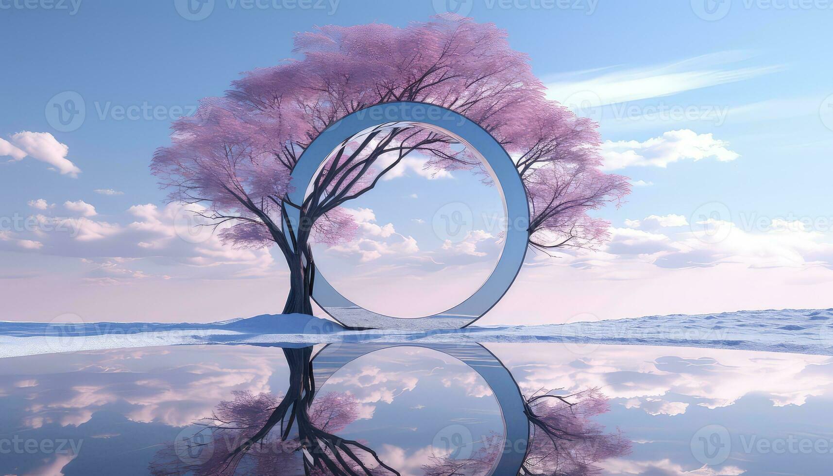 Aquamarine Skies and Hyperreal Pink Clouds Circular Landscape AI generated photo