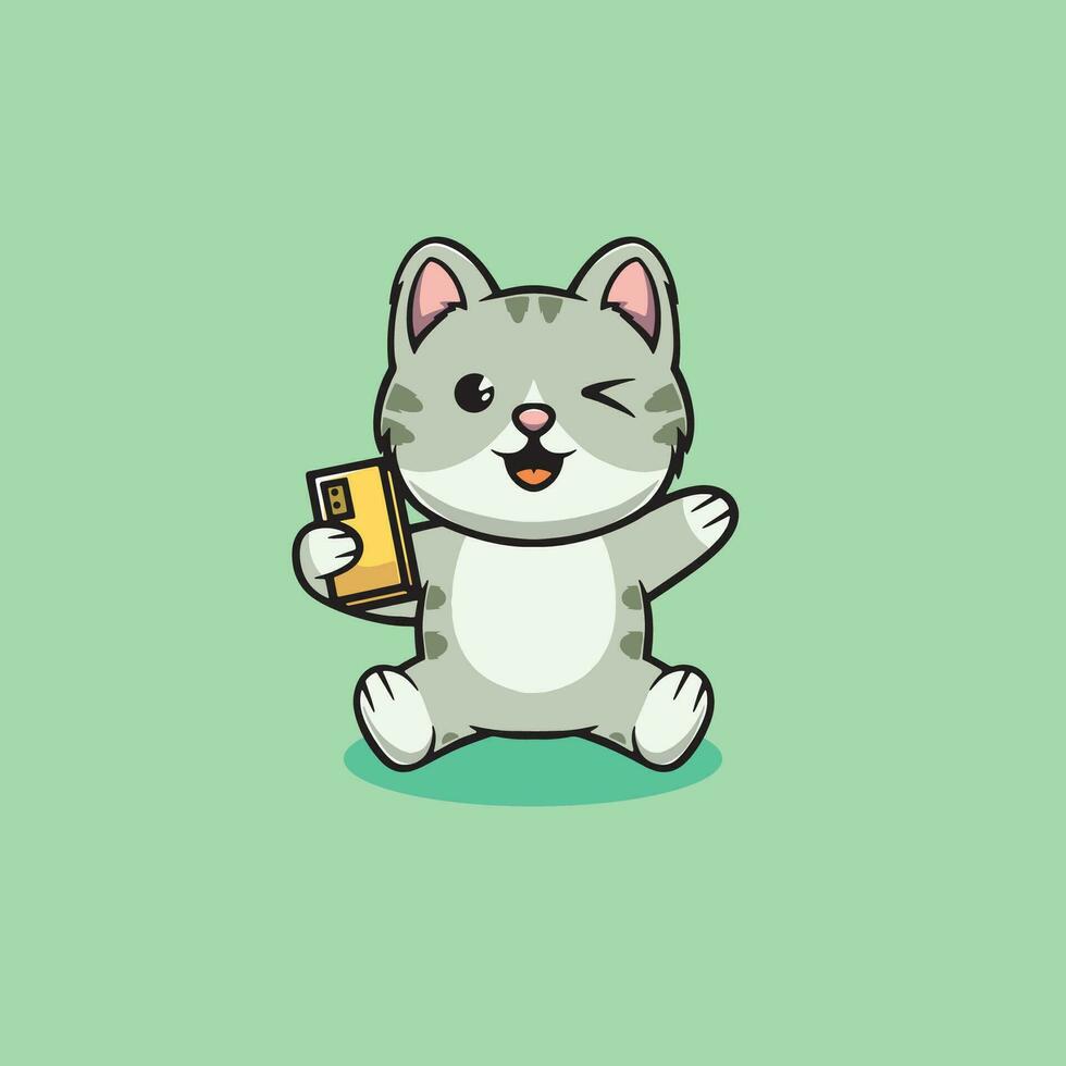 Cute cat is content creator cartoon illustration vector