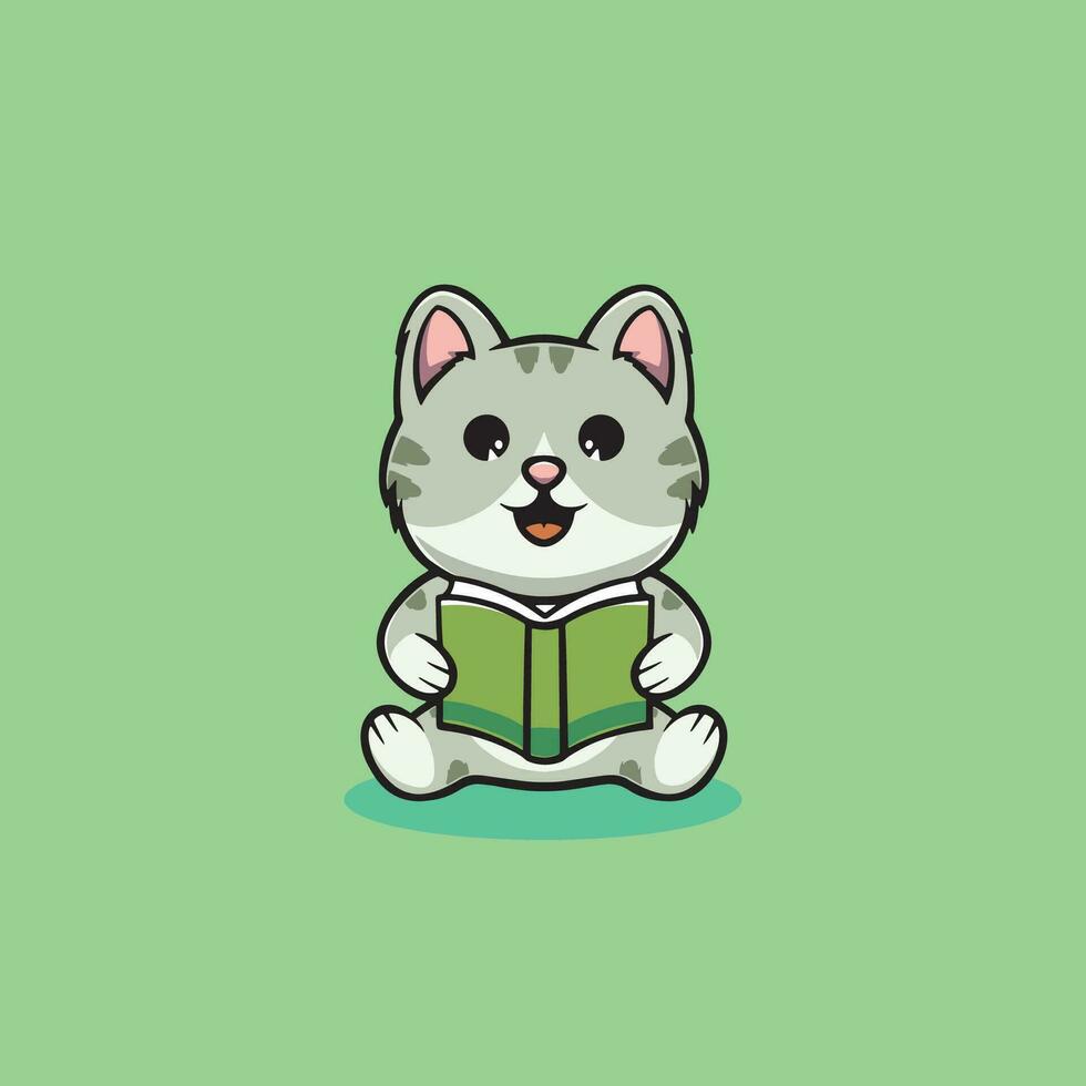 Cute cat reading book cartoon illustration vector