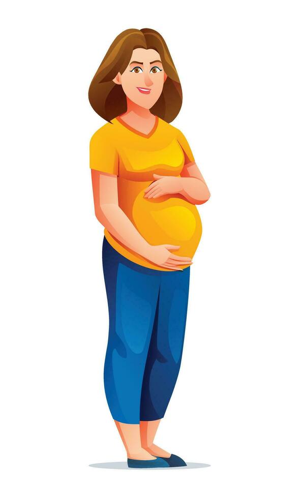 Happy pregnant woman hugging her belly. Vector cartoon illustration isolated on white background