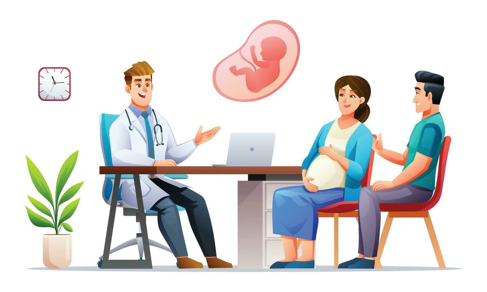 Doctor explains about pregnancy to pregnant woman and her husband. Consultation and check up during pregnancy concept. Vector cartoon character illustration