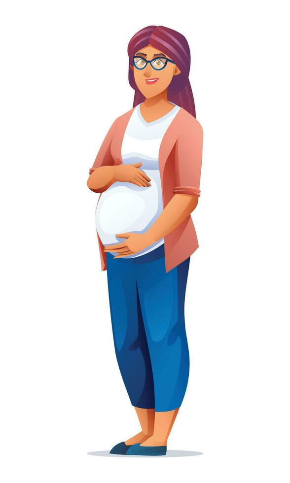 Happy pregnant woman holding her belly. Vector cartoon illustration