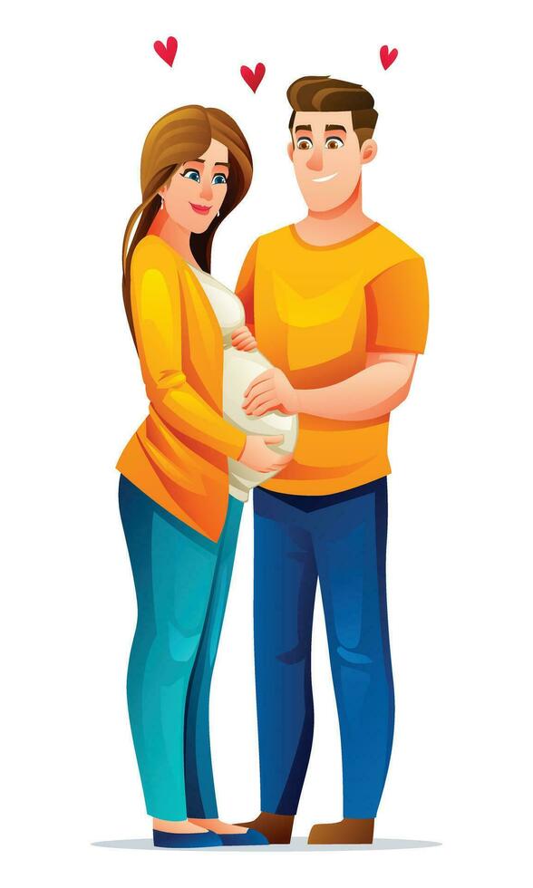 Happy pregnant wife hugging her belly with husband, expecting for baby with love. Vector cartoon illustration