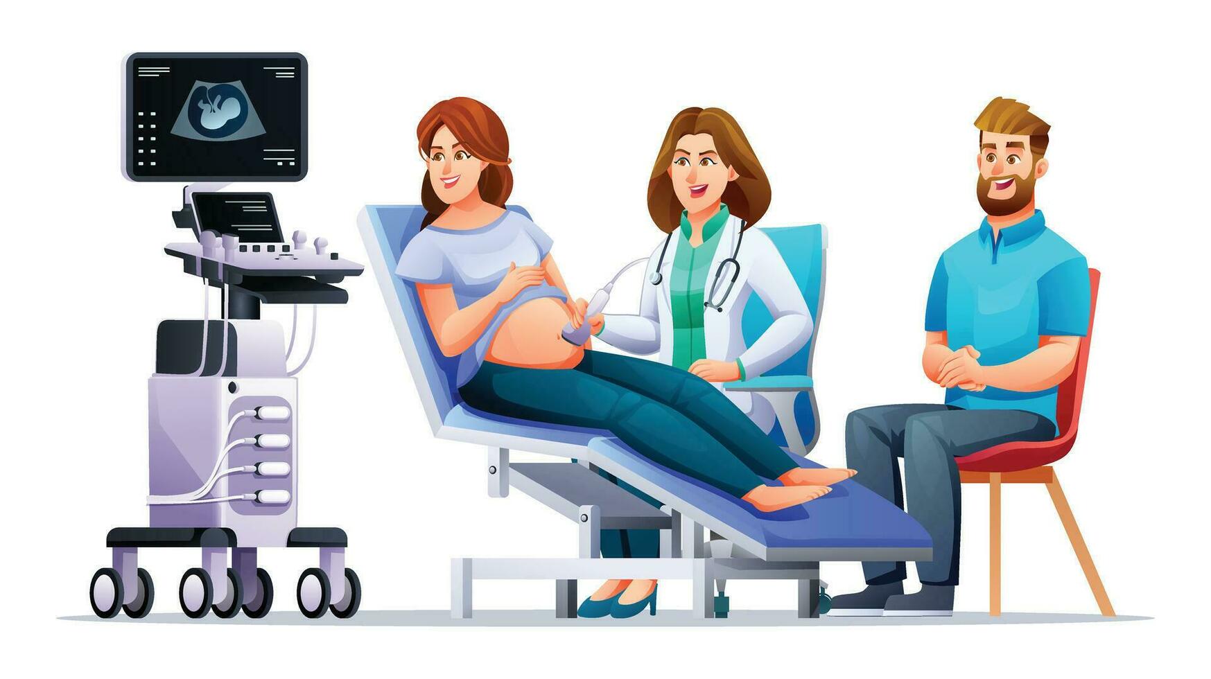 Pregnant woman have ultrasound in clinic. Couple doing consultation and regular check up pregnancy with doctor. Vector cartoon character illustration