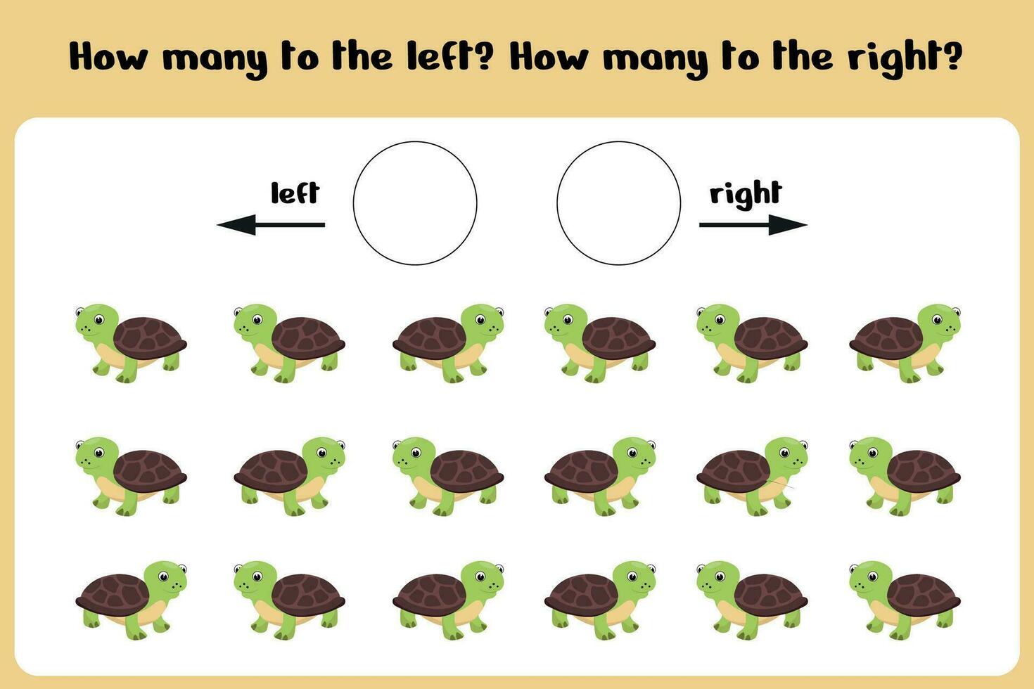 How many left and right turtles. Learning sheet for children to learn left and right. The score game. Kids counting game. Vector illustration