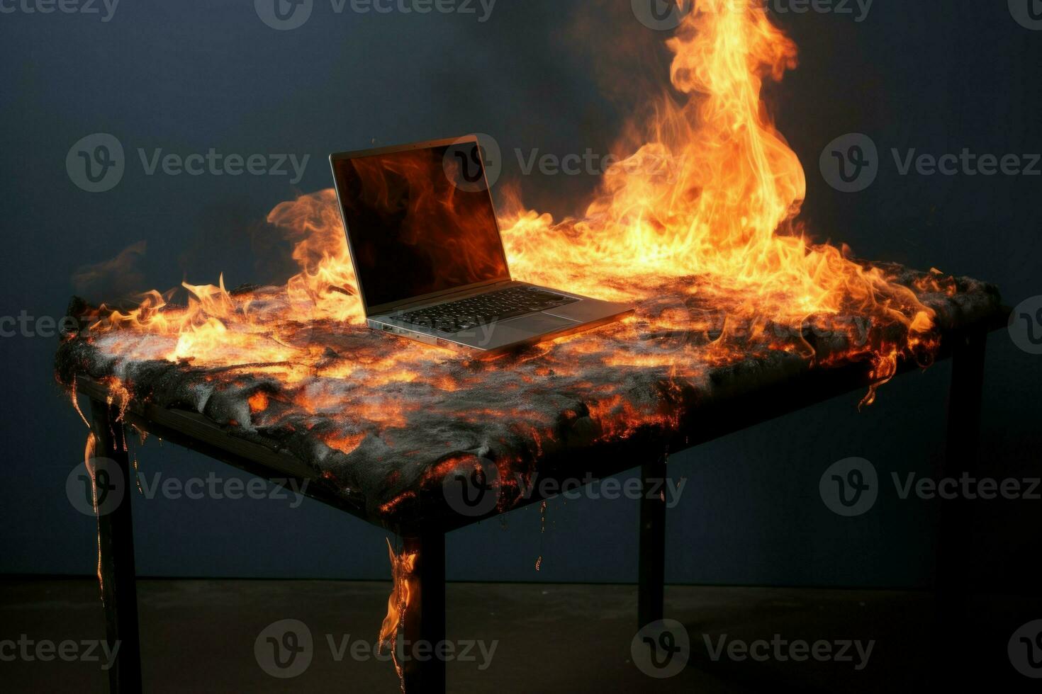 Fiery Burning laptop table flame. Generate Ai photo