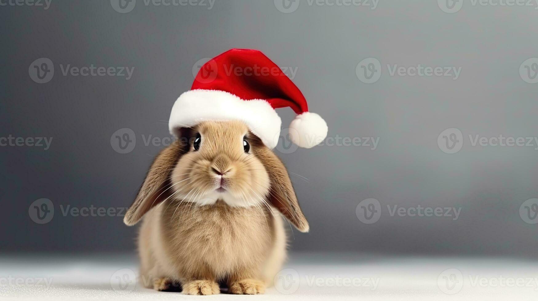 Cute Rabbit with Christmas Hat Isolated on the Minimalist Background photo