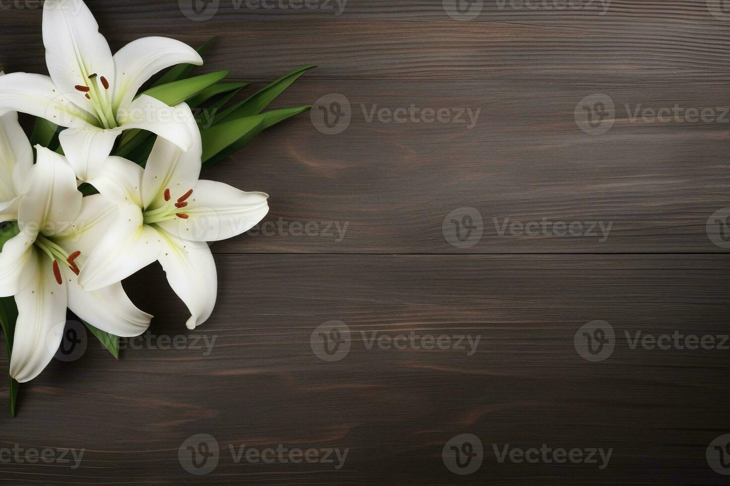 White lily flowers on wooden background. Top view with copy space.Funeral Concept AI generated photo