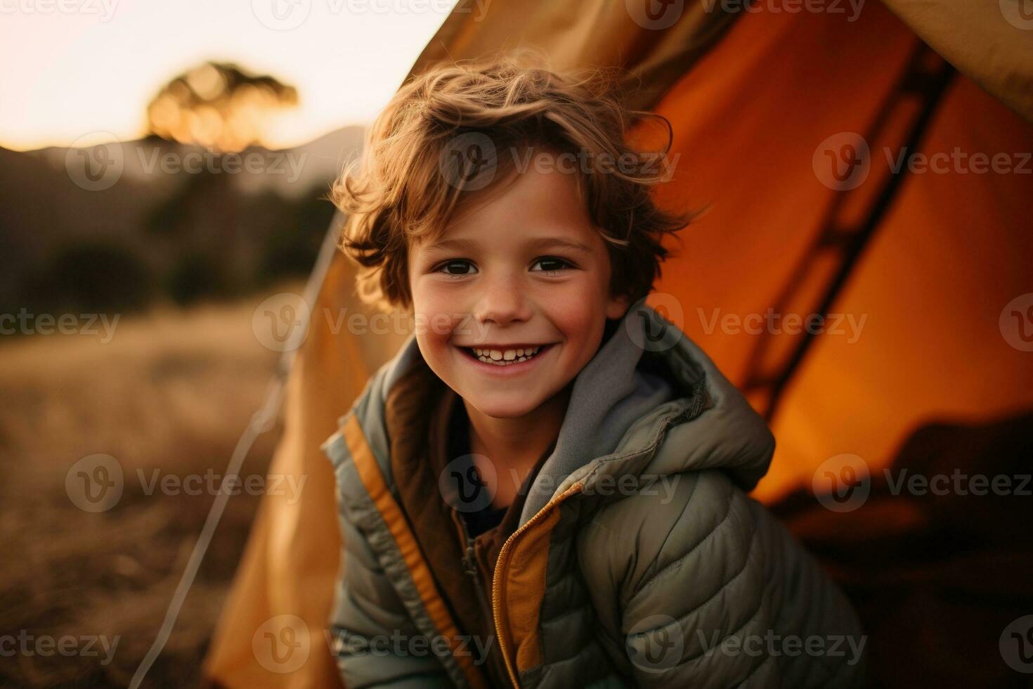 Portrait of a cute boy looking at camera while near his tent in nature AI generated photo