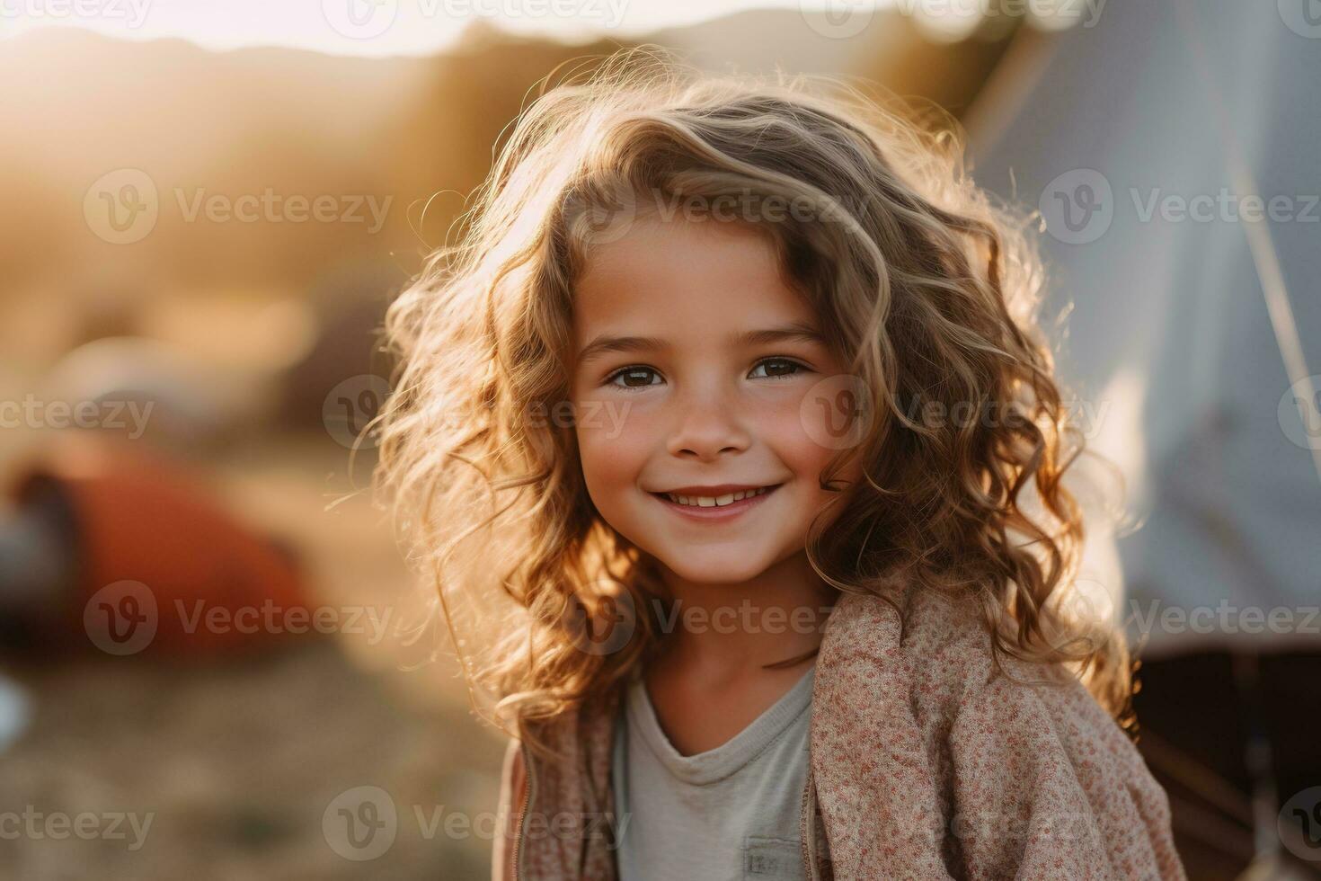 Portrait of cute little girl at camera while standing near camping tent at sunset AI generated photo