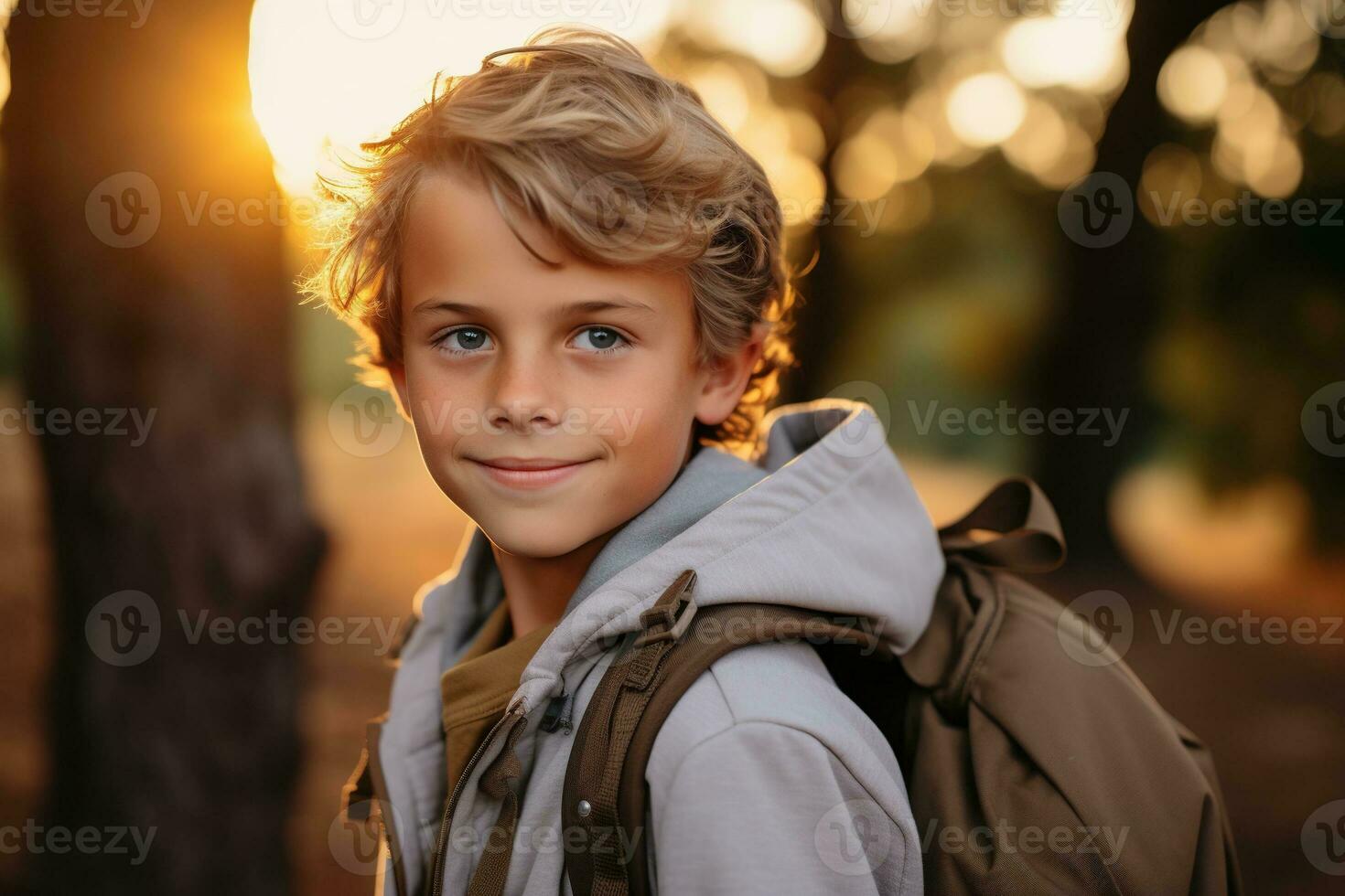 Portrait of a cute boy looking at camera while near his tent in nature AI generated photo