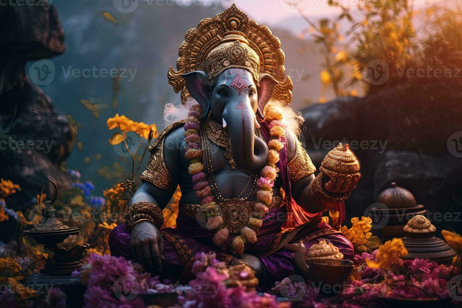 Hindu God Ganesha with flowers AI generated photo