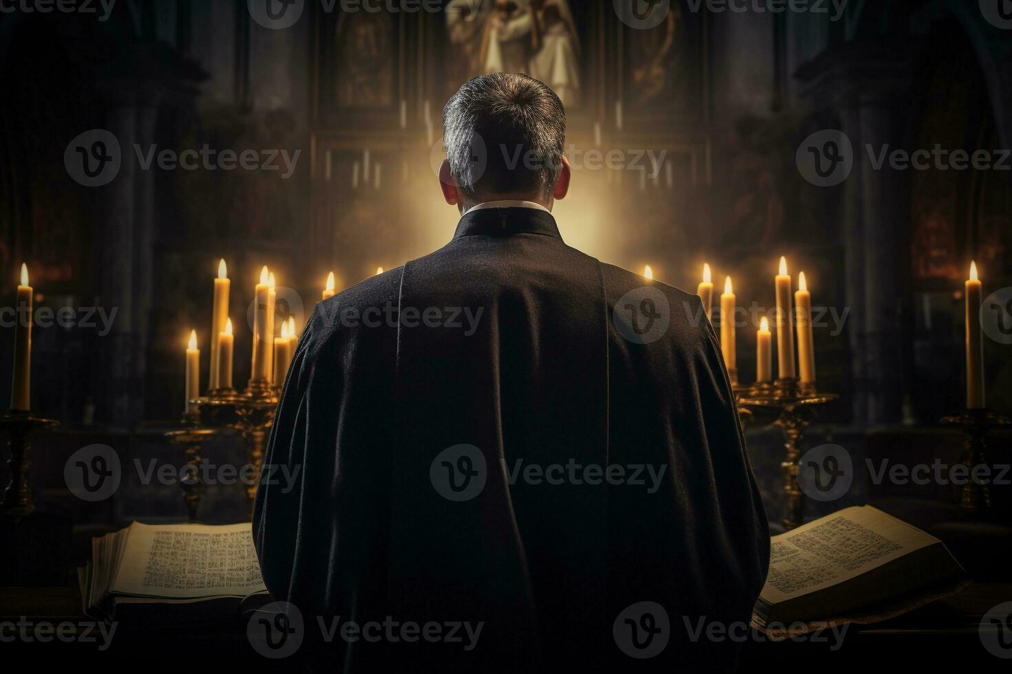 Rear view of priest looking at church interior. Religion concept. AI generated photo