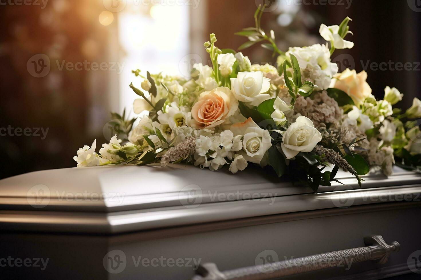 blanco ataúd con flores el concepto de funeral. ai generado foto