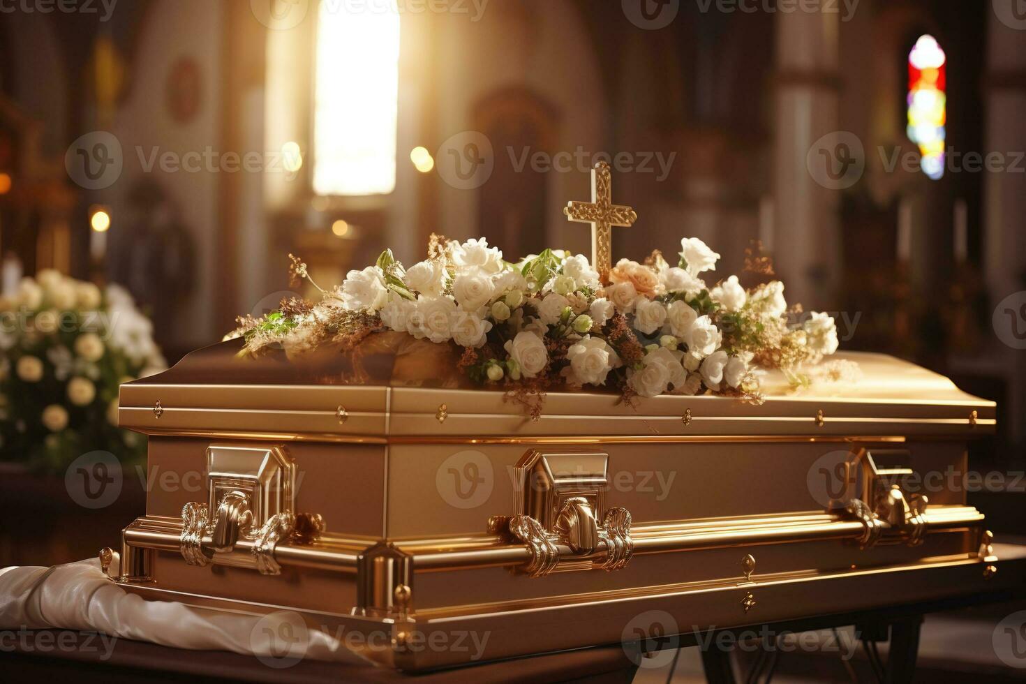 Beautiful flowers in a coffin at a funeral AI generated photo