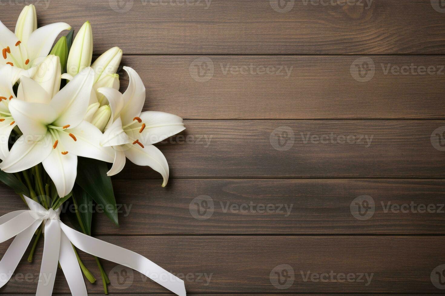 White lily flowers on wooden background. Top view with copy space.Funeral Concept AI generated photo