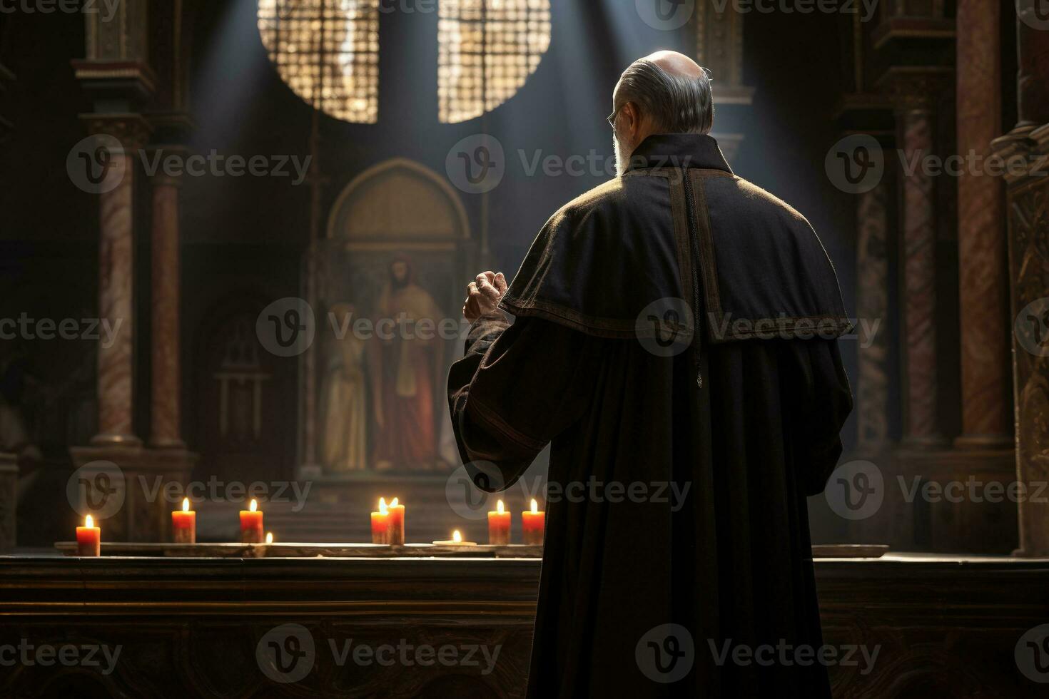 Rear view of priest looking at church interior. Religion concept. AI generated photo