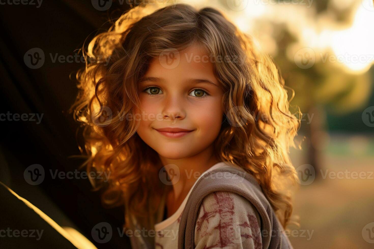 Portrait of cute little girl at camera while standing near camping tent at sunset AI generated photo