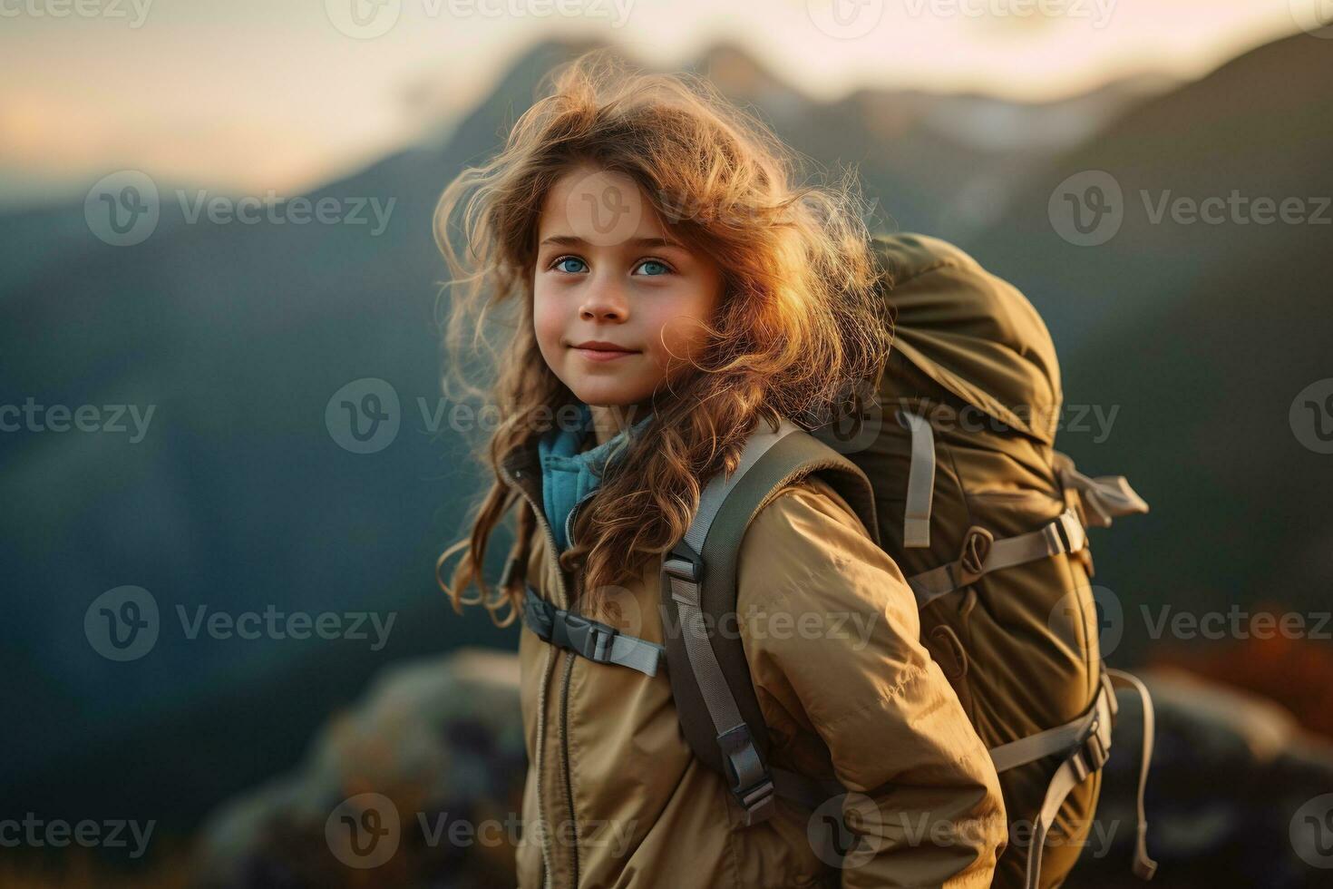 little girl with backpack hiking on mountain peak at sunset, travel and adventure concept AI generated photo