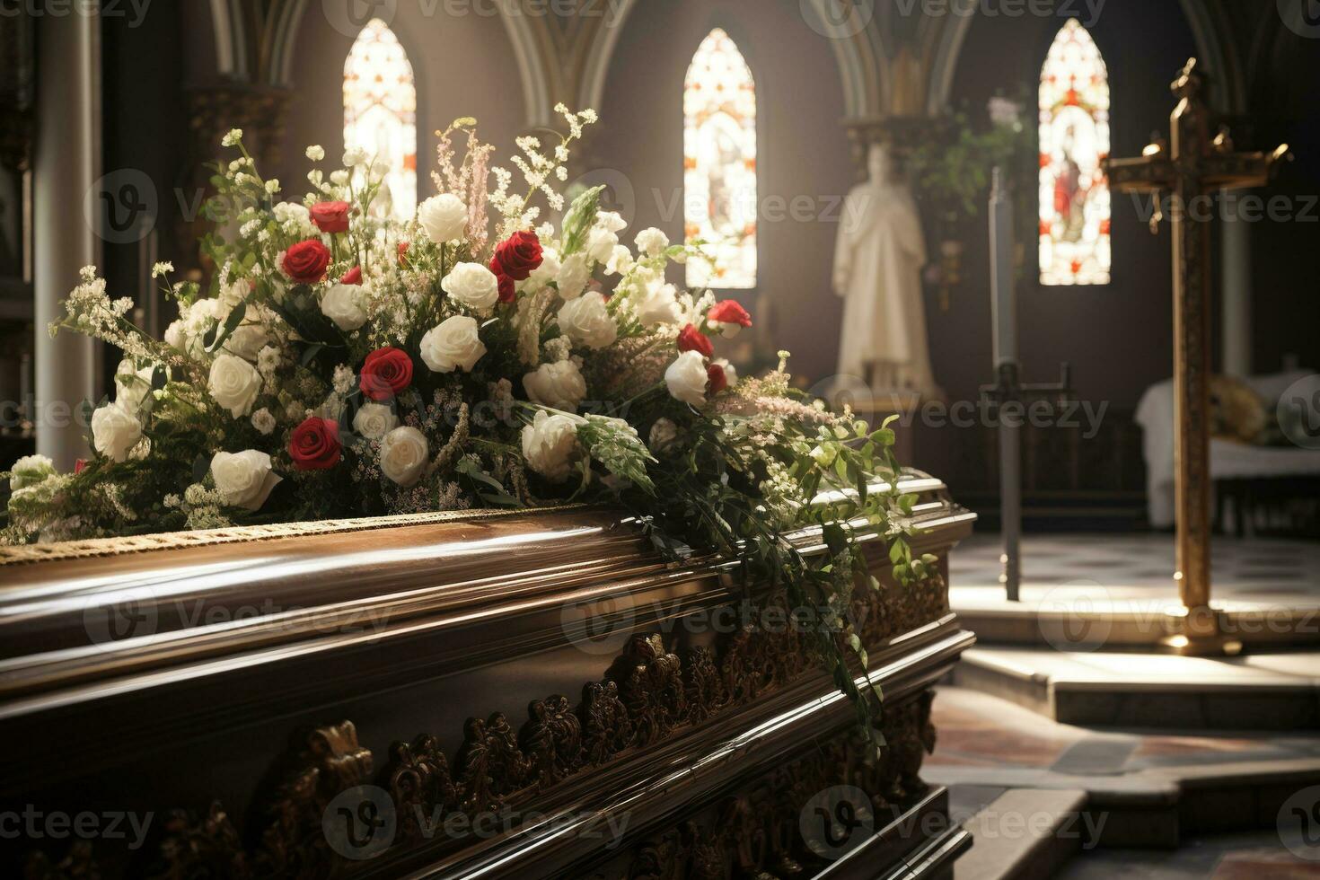 Beautiful flowers in a coffin at a funeral AI generated photo