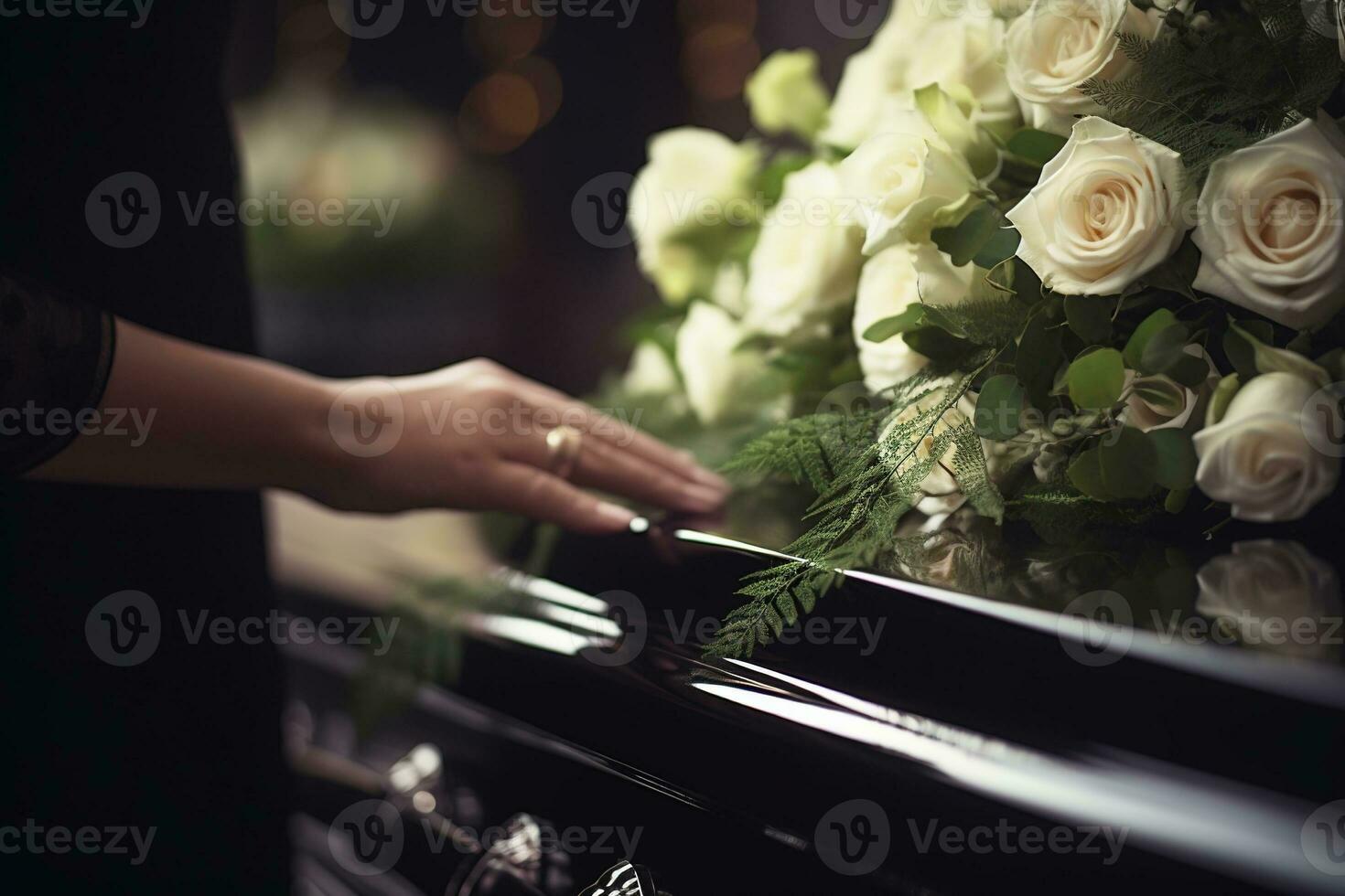 Closeup of a woman's hand placing a bouquet of white roses in a coffin.Funeral Concept AI generated photo