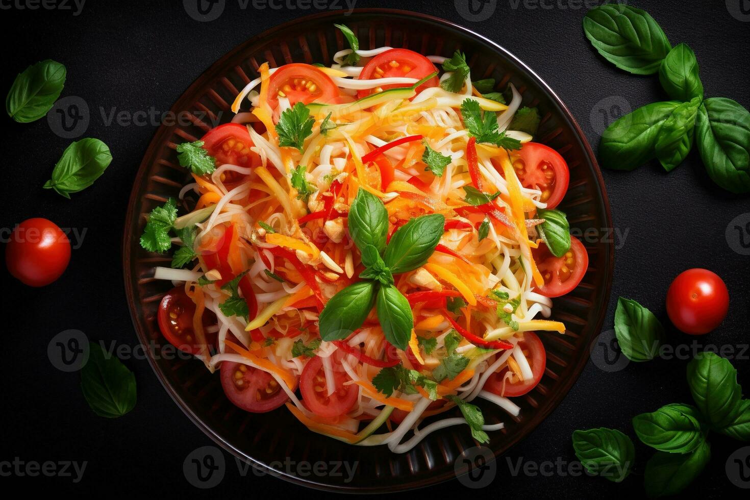 Thai food Som tum, Spicy green papaya salad.Top view AI generated photo