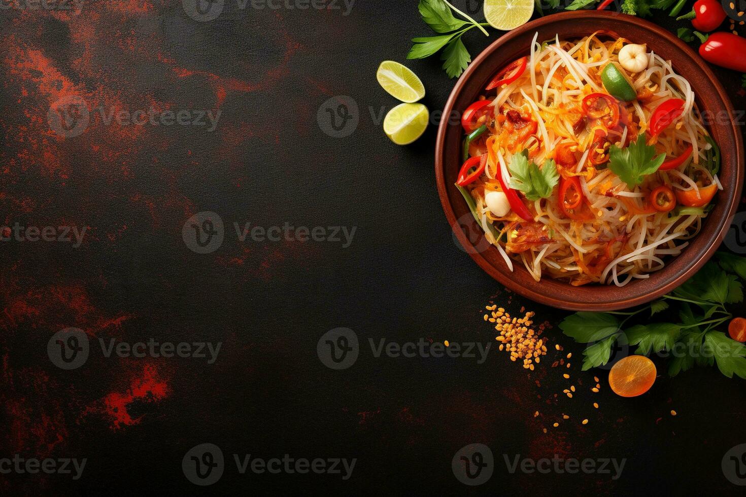 Thai food Som tum, Spicy green papaya salad.Top view AI generated photo