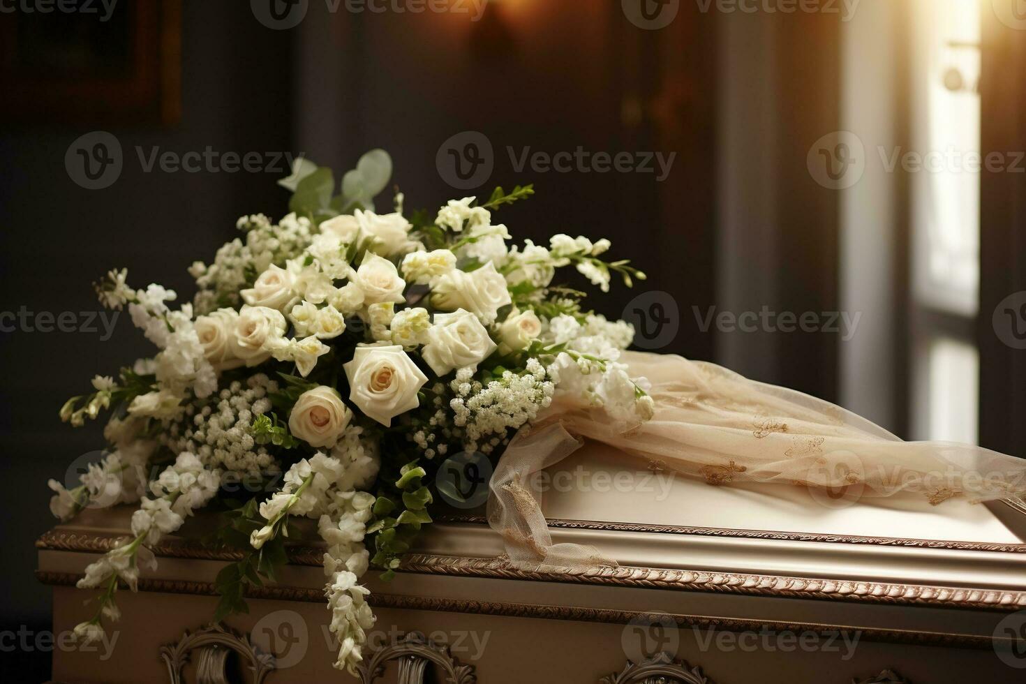 blanco ataúd con flores el concepto de funeral. ai generado foto