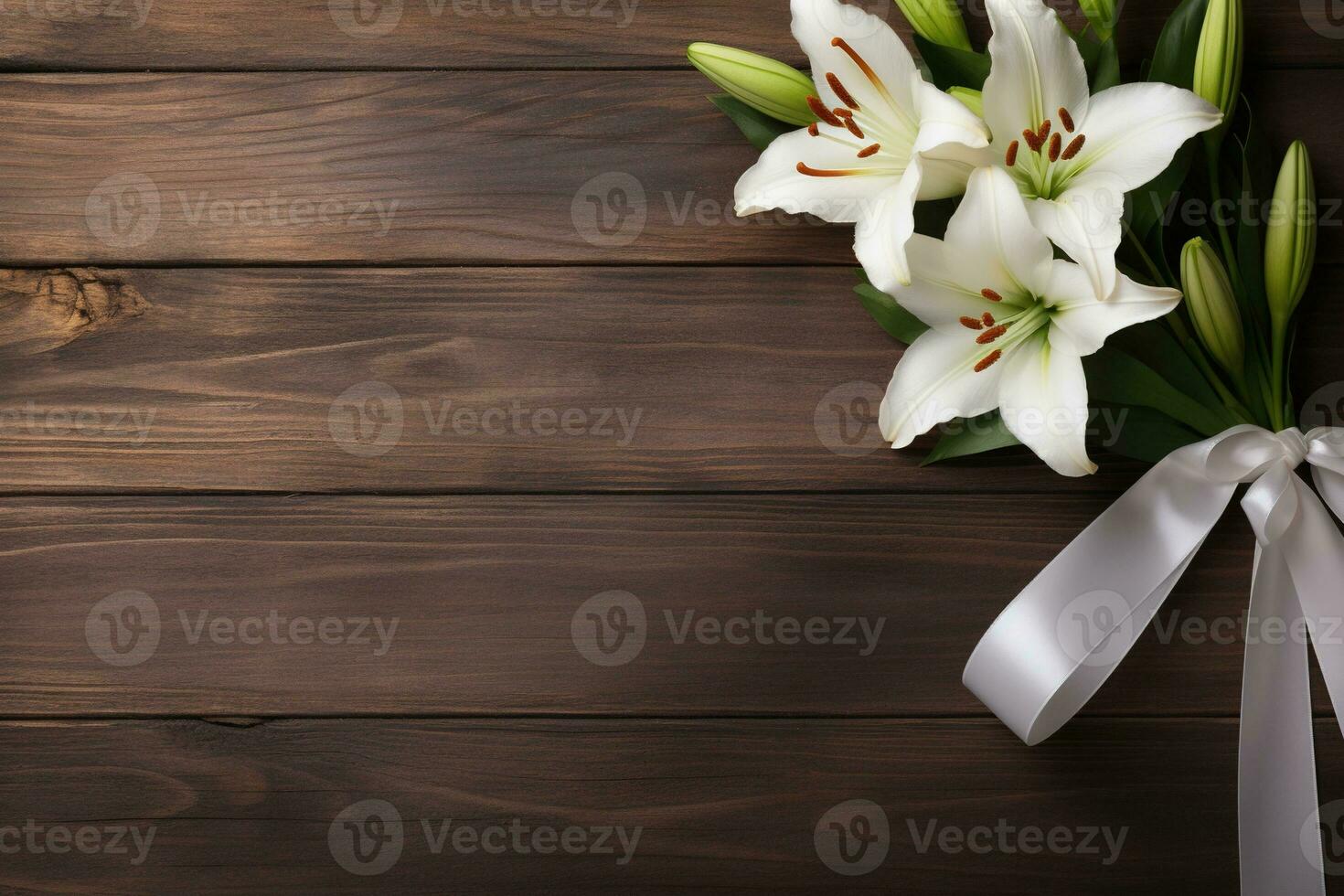 White lily flowers on wooden background. Top view with copy space.Funeral Concept AI generated photo