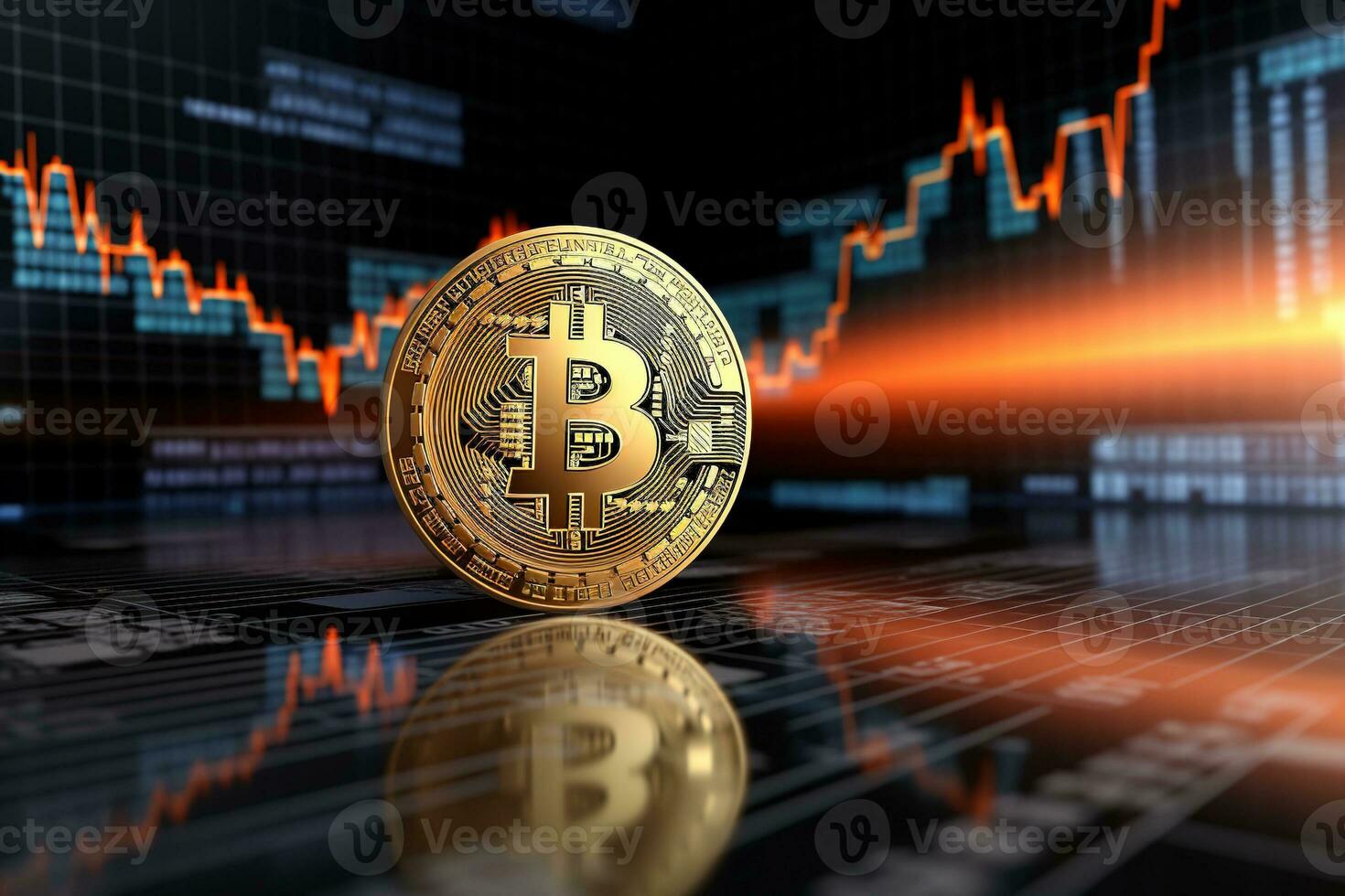 Golden Bitcoin on the background of the stock market chart. Cryptocurrency concept. AI generated photo