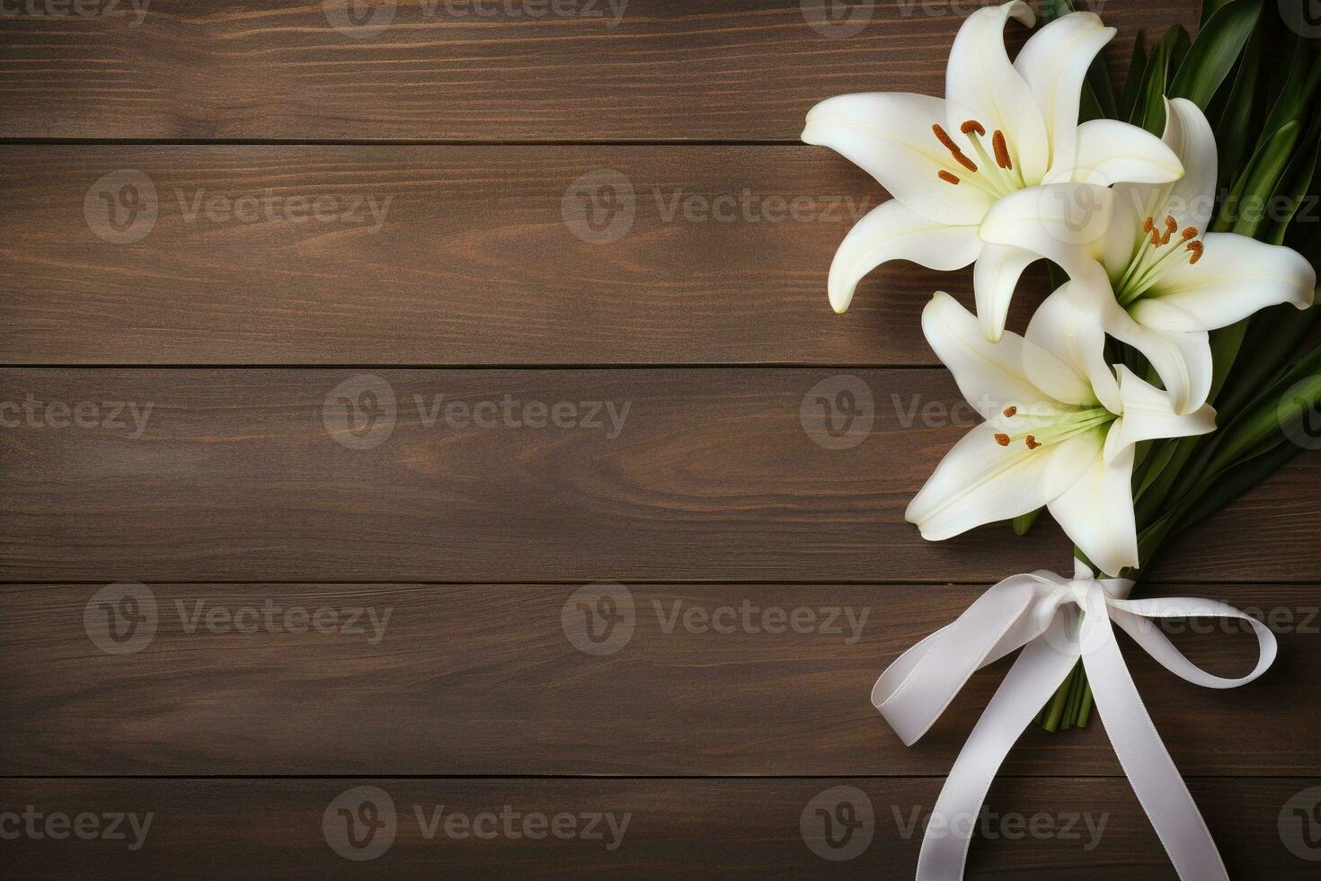 White lily flowers on wooden background. Top view with copy space.Funeral Concept AI generated photo