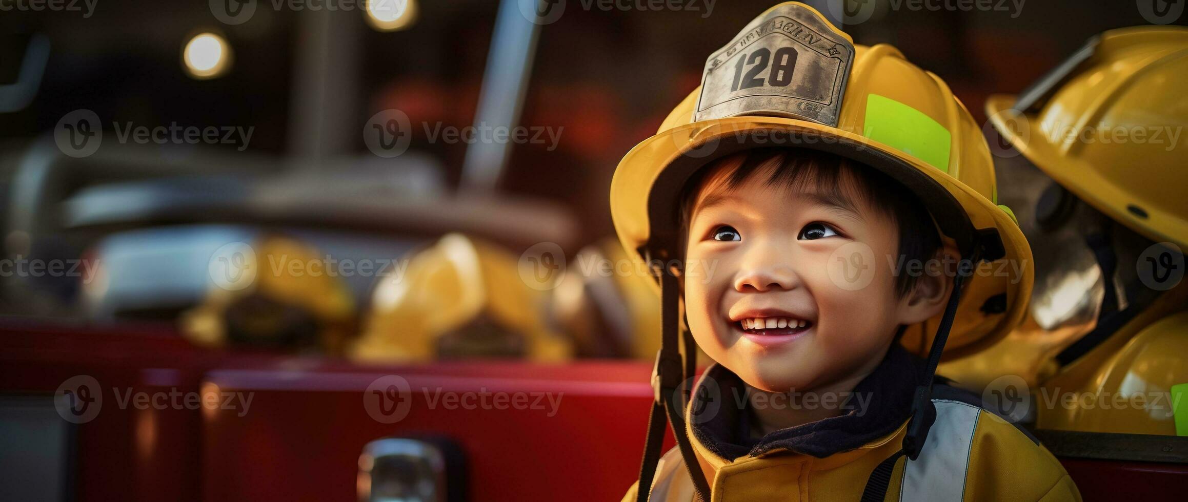 Portrait of happy asian boy wearing firefighter uniform with fire truck in background AI generated photo