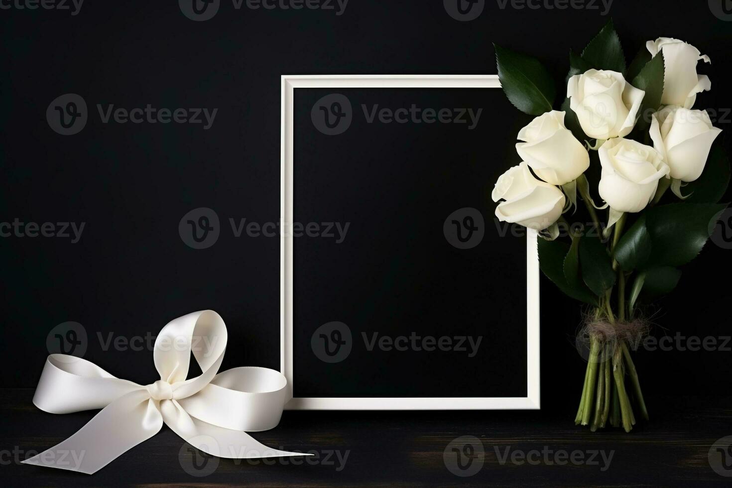 White roses with ribbon and photo frame on black background.Funeral Concept AI generated